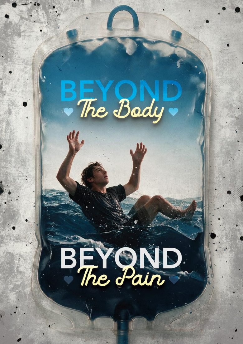 Beyond The Body, Beyond The Pain — the cover. A man surfaces from open water, framed inside an IV bag.